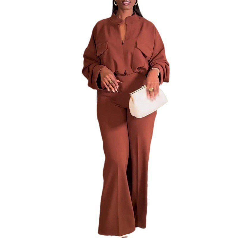 Casual V - neck Long Sleeve Top Wide - leg Trousers Suit - Urban Mart