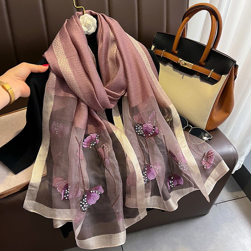 Chinese Style Pearl Flower Scarf Women's Embroidered Silk Scarf Warm Shawl - Urban Mart