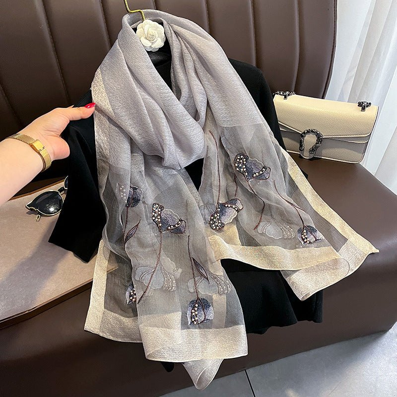 Chinese Style Pearl Flower Scarf Women's Embroidered Silk Scarf Warm Shawl - Urban Mart