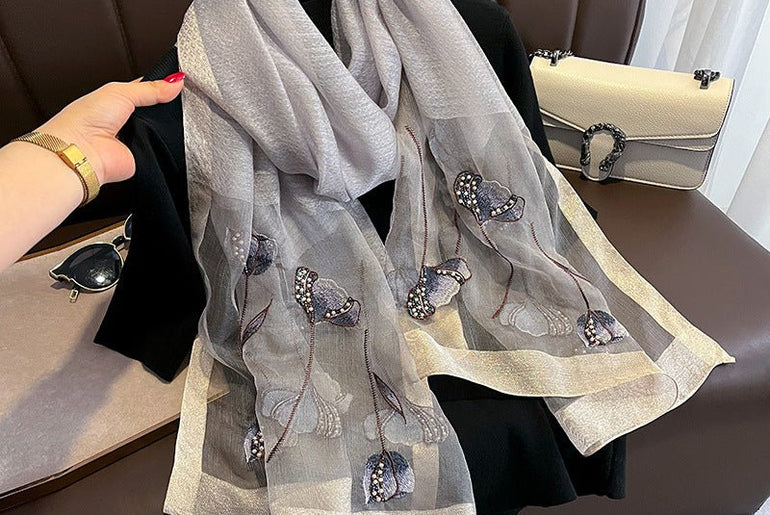 Chinese Style Pearl Flower Scarf Women's Embroidered Silk Scarf Warm Shawl - Urban Mart