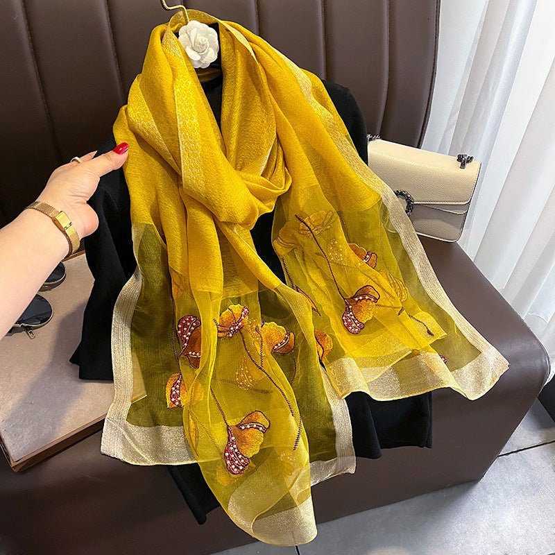 Chinese Style Pearl Flower Scarf Women's Embroidered Silk Scarf Warm Shawl - Urban Mart