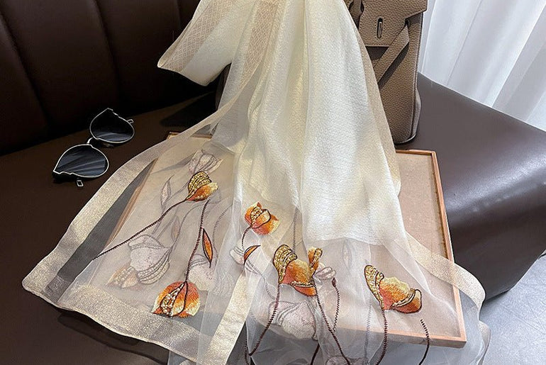 Chinese Style Pearl Flower Scarf Women's Embroidered Silk Scarf Warm Shawl - Urban Mart