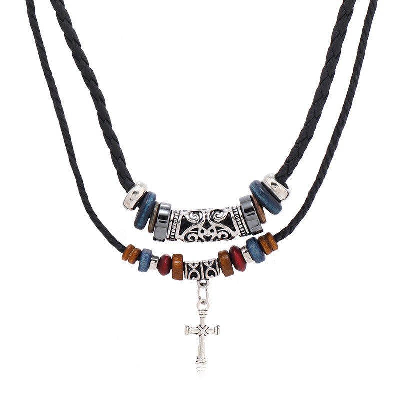 Creative Beaded Multi - layer Alloy Cross Leather Necklace - Urban Mart