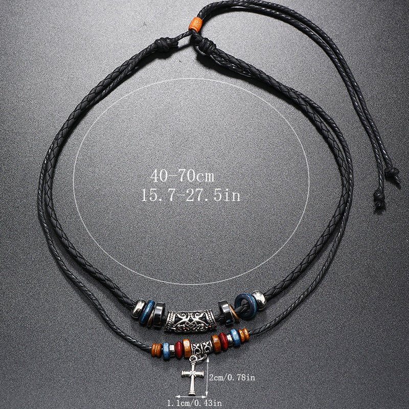 Creative Beaded Multi - layer Alloy Cross Leather Necklace - Urban Mart