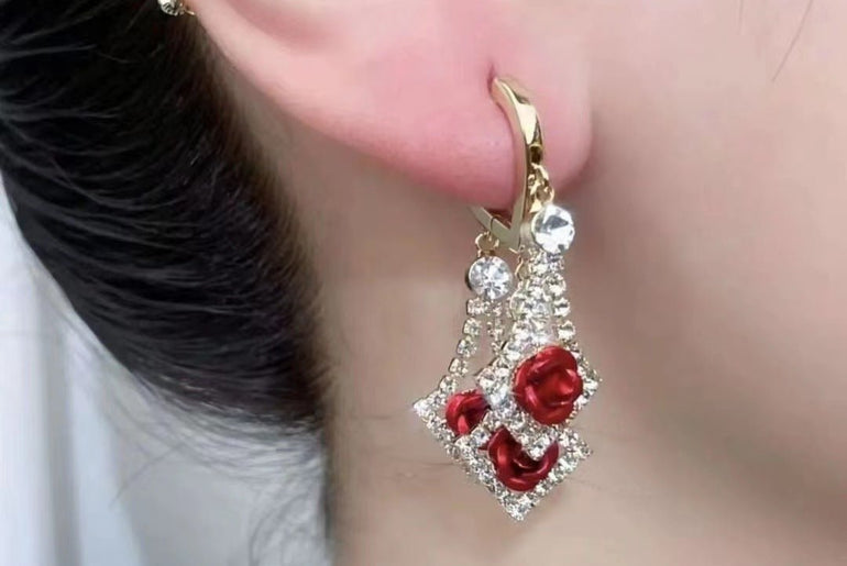 Elegant Diamond Rhinestone Lovely Rose Earrings - Urban Mart