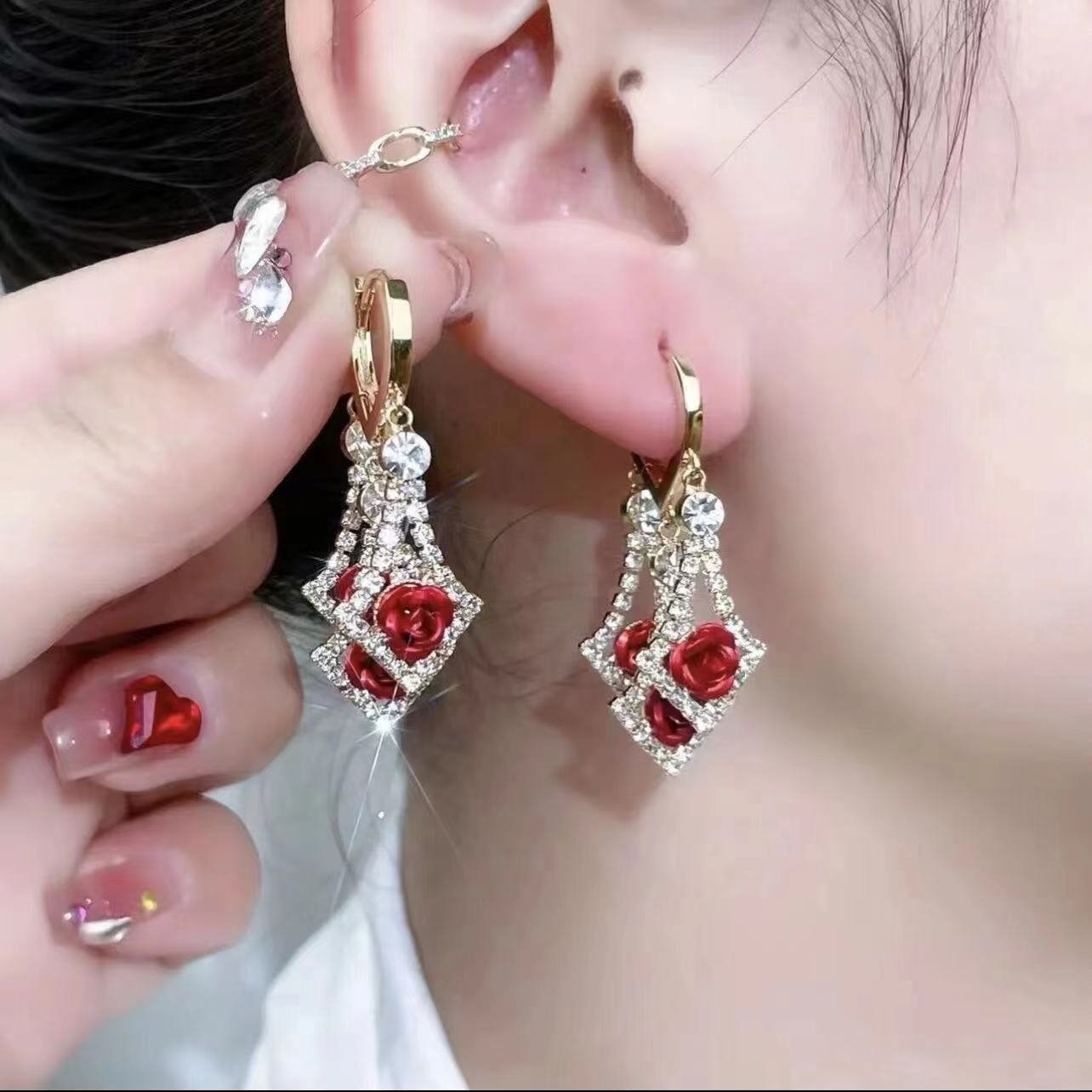 Elegant Diamond Rhinestone Lovely Rose Earrings - Urban Mart