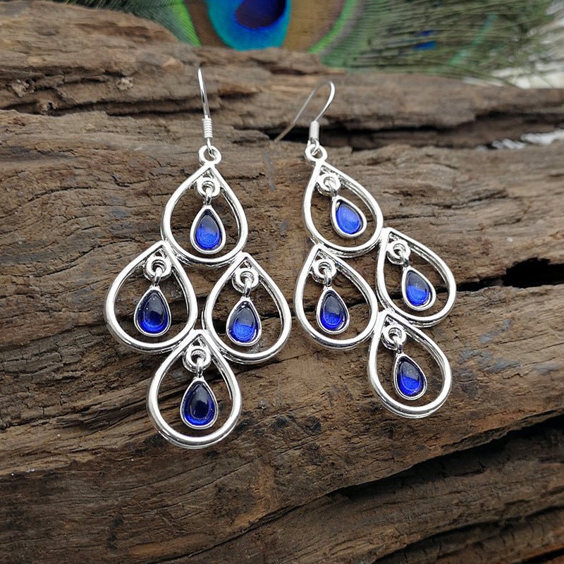 European And American Popular Creative Peacock Blue Moonstone Exaggerated Earrings - Urban Mart