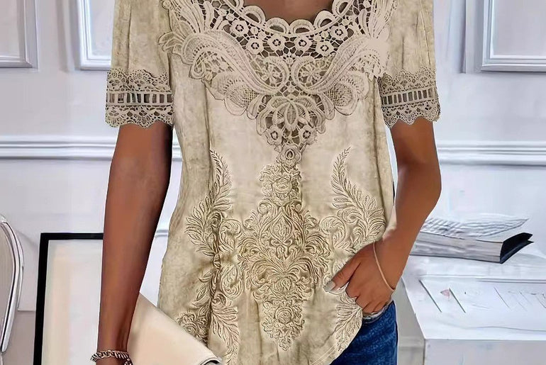 Fashionable Elegant Casual Hollow Lace Women's T-shirt - Urban Mart