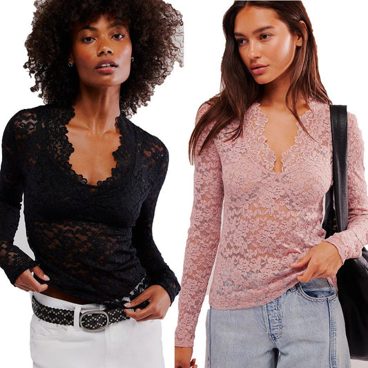 Hollow Lace Long - sleeved Top Bottoming Shirt V - neck - Urban Mart