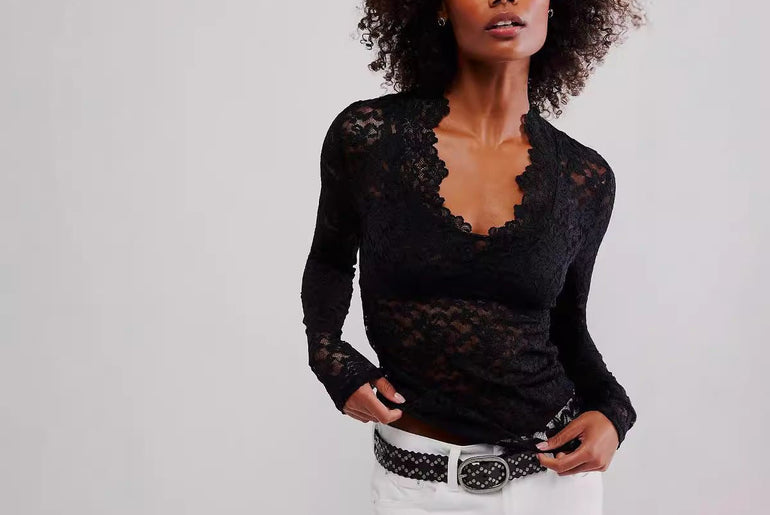 Hollow Lace Long - sleeved Top Bottoming Shirt V - neck - Urban Mart