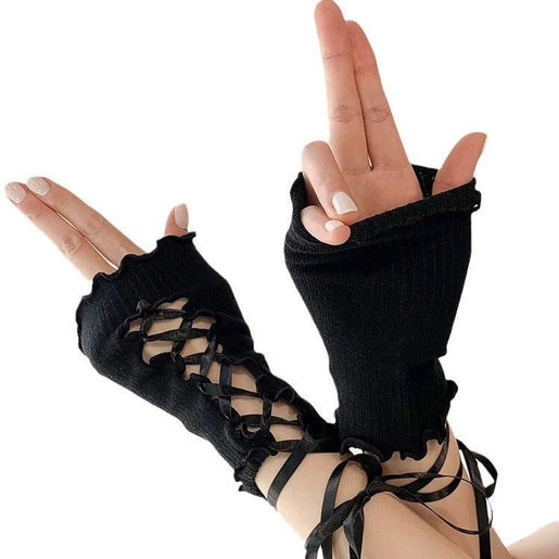 Lace - up Oversleeves Jk Girl Open Finger Cos Gloves - Urban Mart