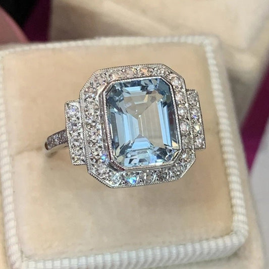 Luxury Square Sea Blue Zircon Ring For High - end Anniversary Celebration - Urban Mart