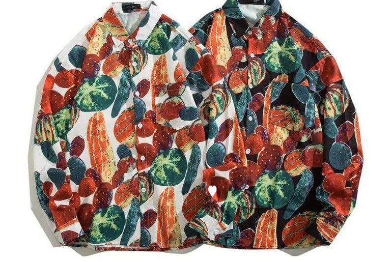 Men's Loose Hong Kong Style Retro Long Sleeve Printed Shirt - Urban Mart