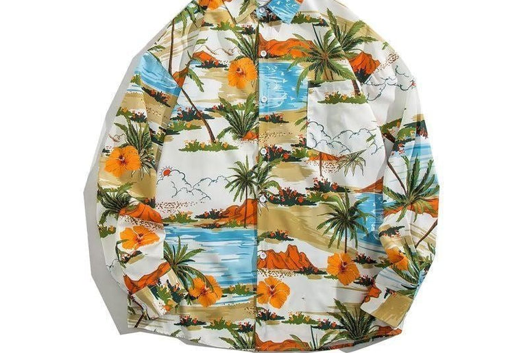 Men's Loose Hong Kong Style Retro Long Sleeve Printed Shirt - Urban Mart