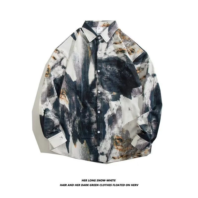 Men's Loose Hong Kong Style Retro Long Sleeve Printed Shirt - Urban Mart