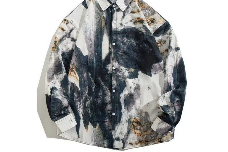 Men's Loose Hong Kong Style Retro Long Sleeve Printed Shirt - Urban Mart