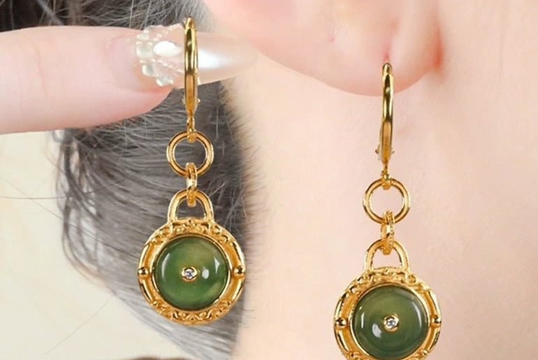 Natural Jade Peace Buckle Earrings For Women S925 Silver Long - Urban Mart