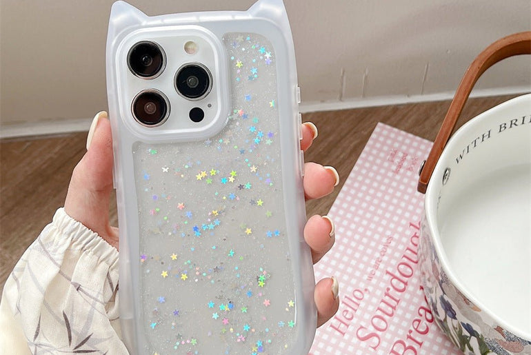 New Three - dimensional Cat Ears Epoxy Glitter Phone Case - Urban Mart