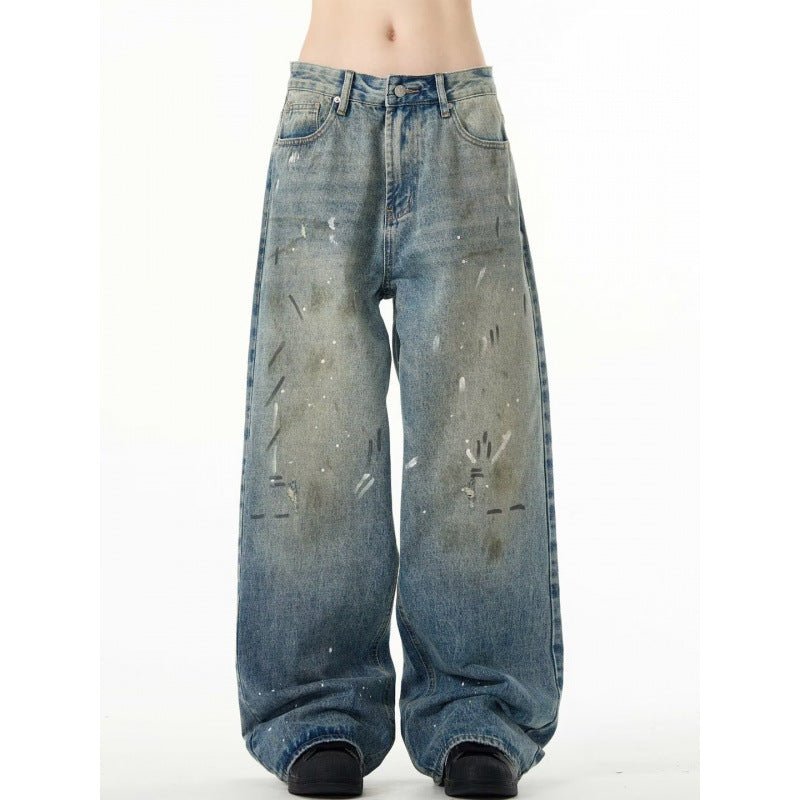 Splash - ink Jeans Men's Retro Washed Distressed Baggy Straight Trousers - Urban Mart