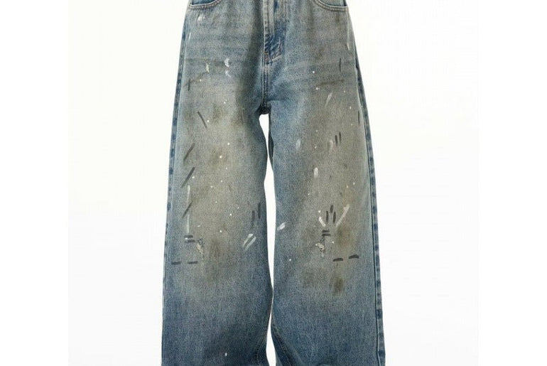 Splash - ink Jeans Men's Retro Washed Distressed Baggy Straight Trousers - Urban Mart