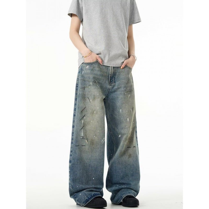 Splash - ink Jeans Men's Retro Washed Distressed Baggy Straight Trousers - Urban Mart