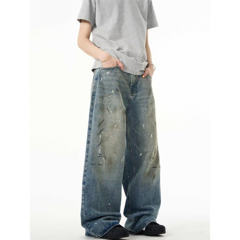 Splash - ink Jeans Men's Retro Washed Distressed Baggy Straight Trousers - Urban Mart