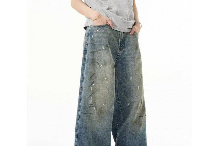 Splash - ink Jeans Men's Retro Washed Distressed Baggy Straight Trousers - Urban Mart