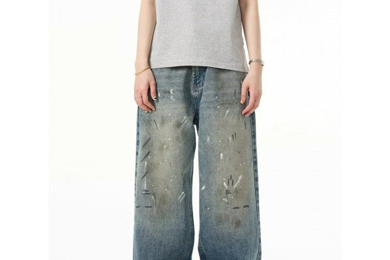 Splash - ink Jeans Men's Retro Washed Distressed Baggy Straight Trousers - Urban Mart