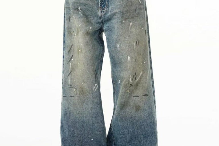 Splash - ink Jeans Men's Retro Washed Distressed Baggy Straight Trousers - Urban Mart