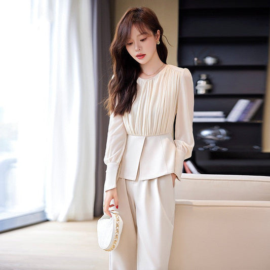 Stitching Ruffle Top Fashionable Wide Leg Pants Suit - Urban Mart