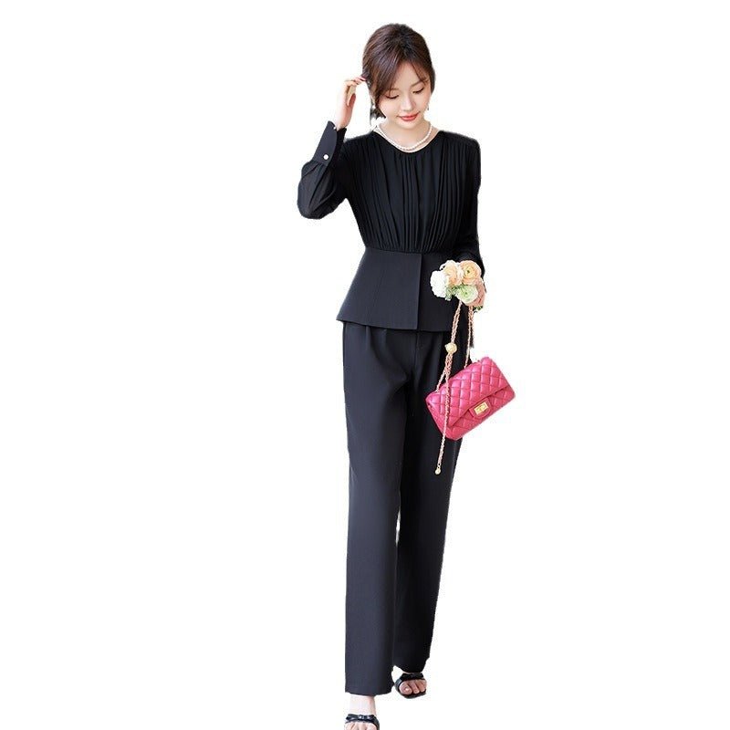 Stitching Ruffle Top Fashionable Wide Leg Pants Suit - Urban Mart