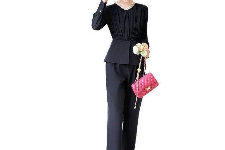 Stitching Ruffle Top Fashionable Wide Leg Pants Suit - Urban Mart