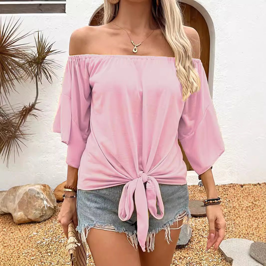 Summer Fall Women's Clothing Solid Color Off - shoulder Casual T-shirt Top - Urban Mart