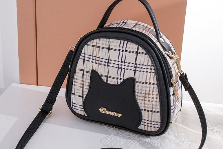 Women's Printed Checks Cat Pattern Shoulder Bag - Urban Mart